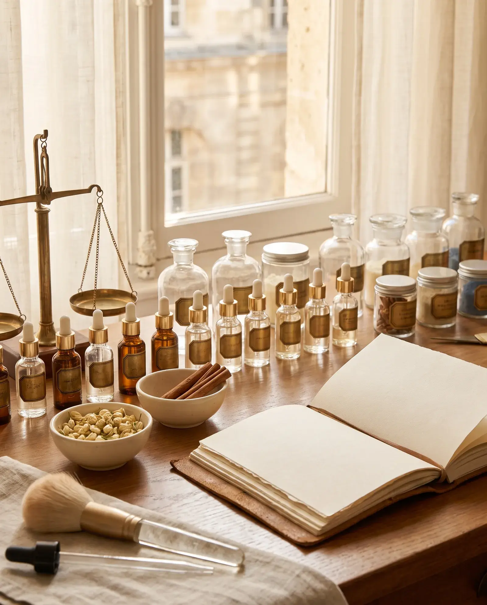 A perfumer's bench of glass vials, botanicals and a brass scale