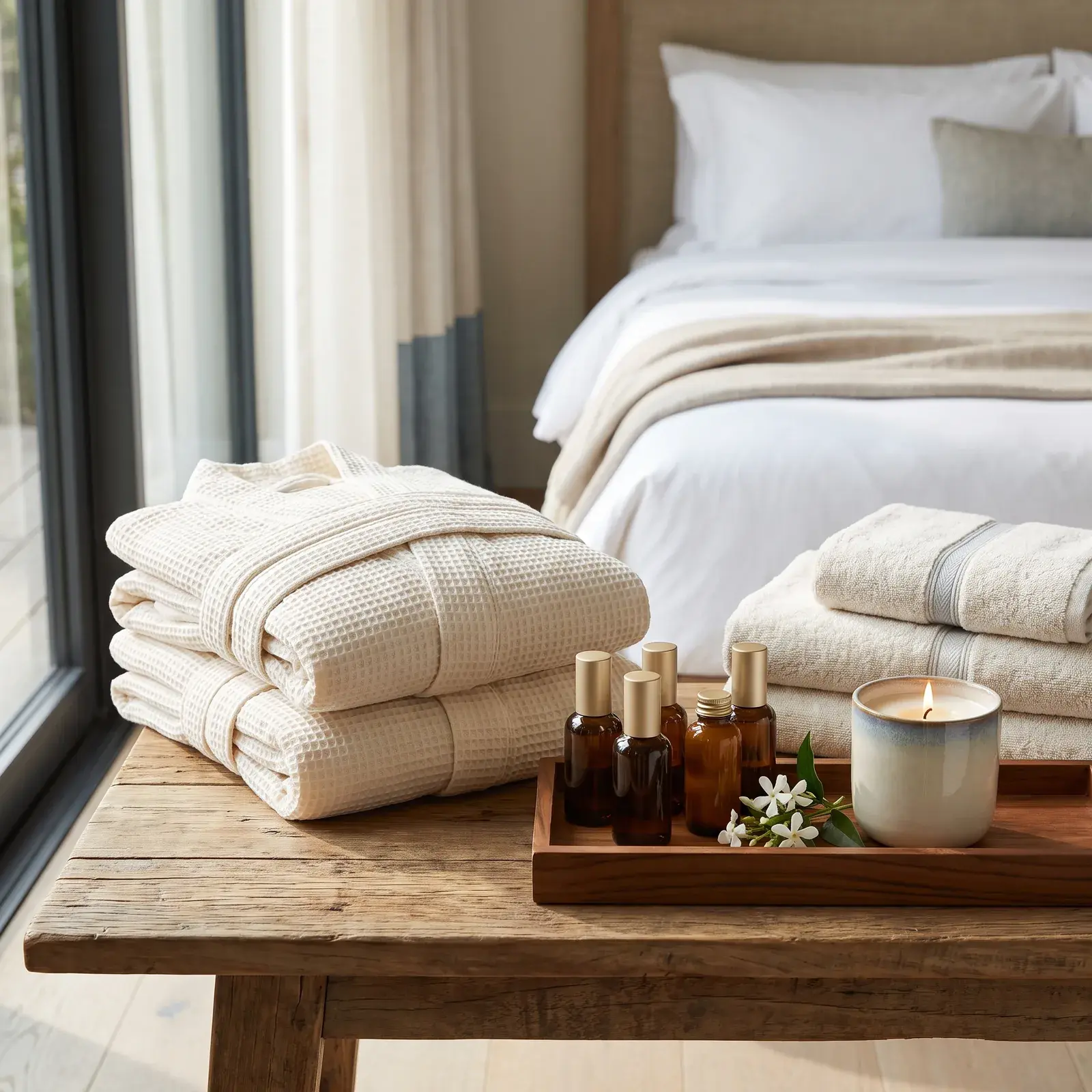 Folded waffle robes and amenity bottles on a teak tray in a hotel suite