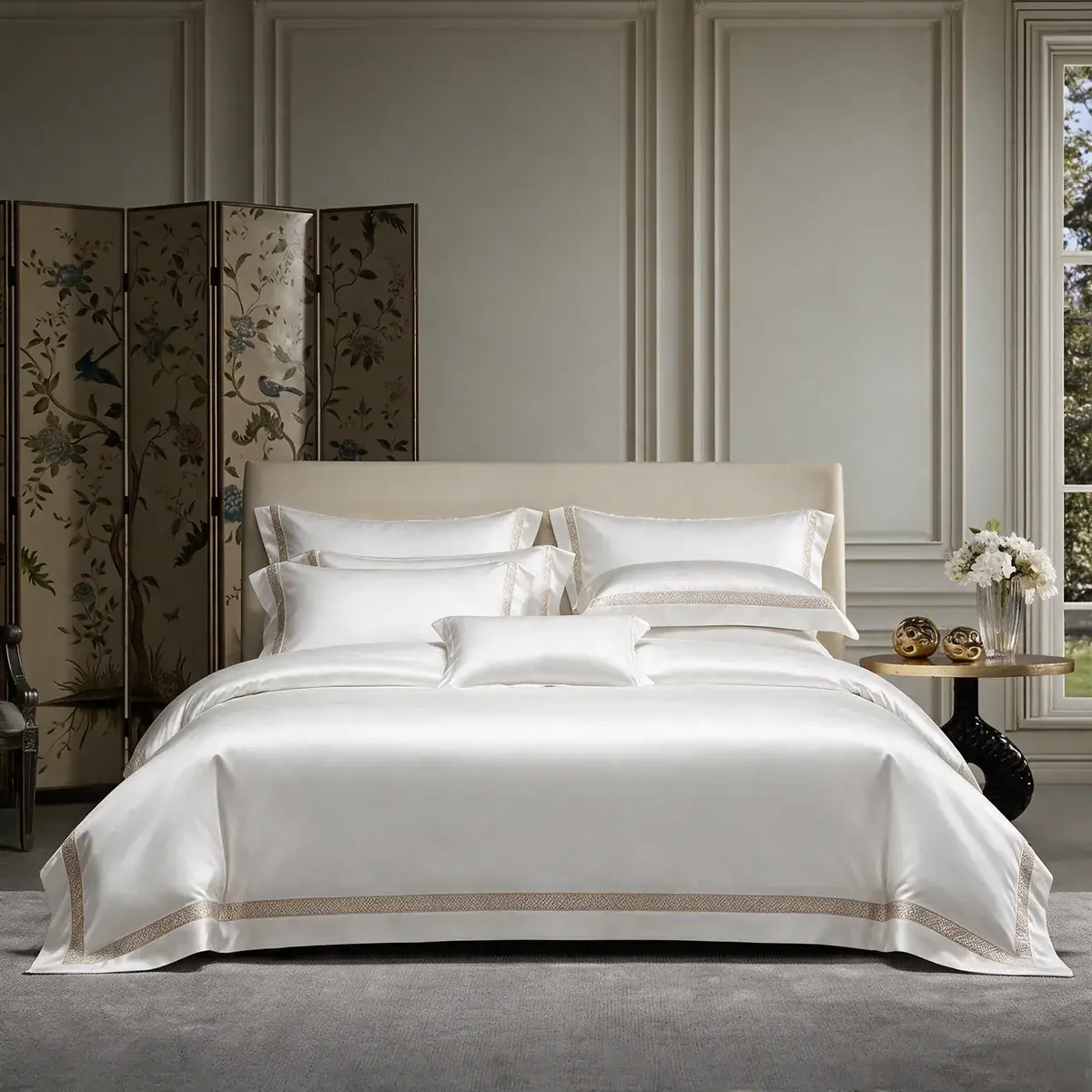 Champagne-Border Silk Bedding Set
