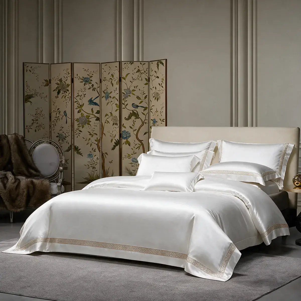 Champagne-Border Silk Bedding Set — alternate view