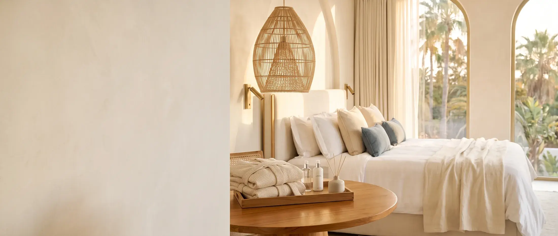 A boutique hotel suite dressed in ivory linen at golden hour