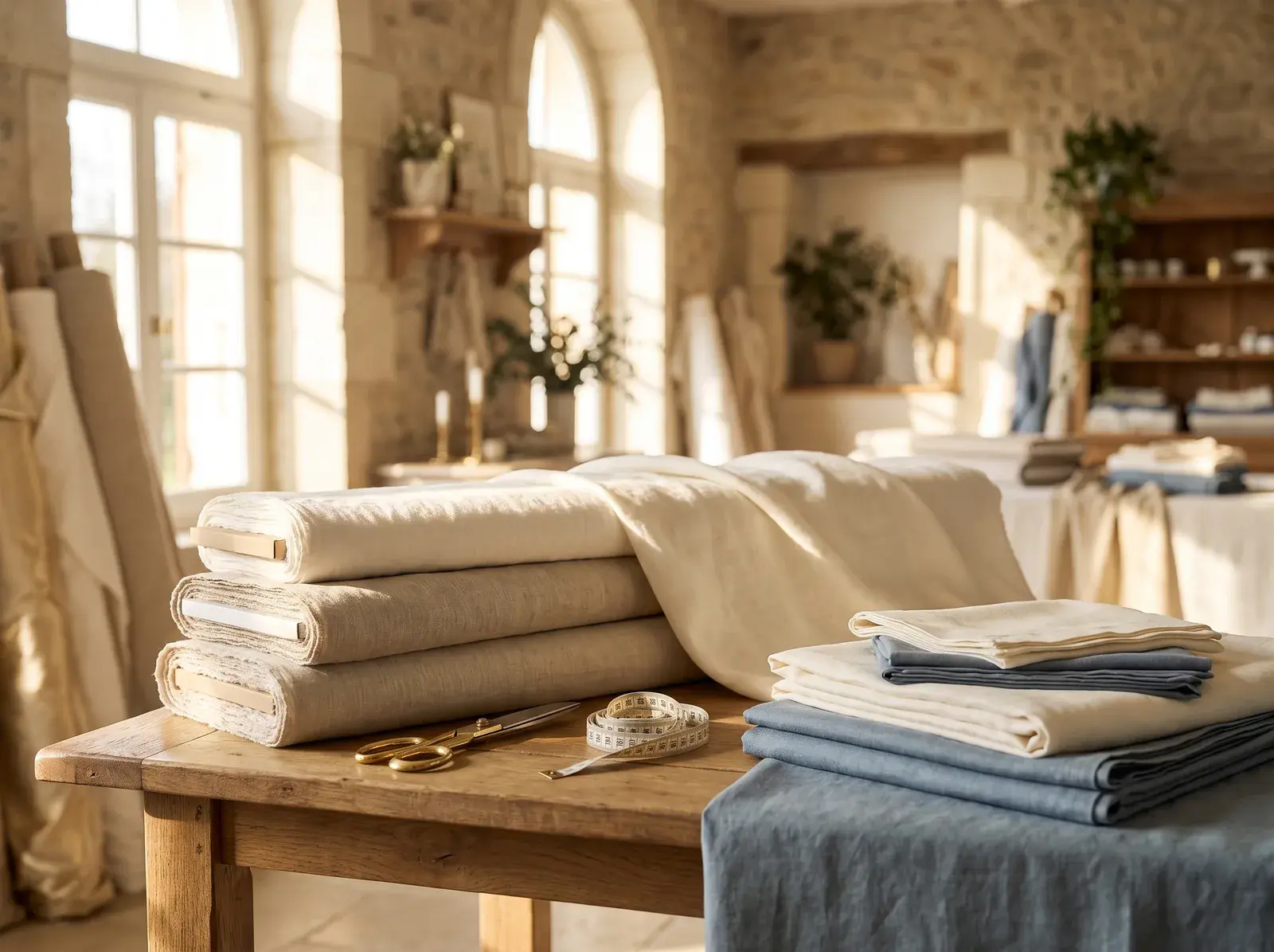 Bolts of ivory and oat linen stacked on an oak cutting table