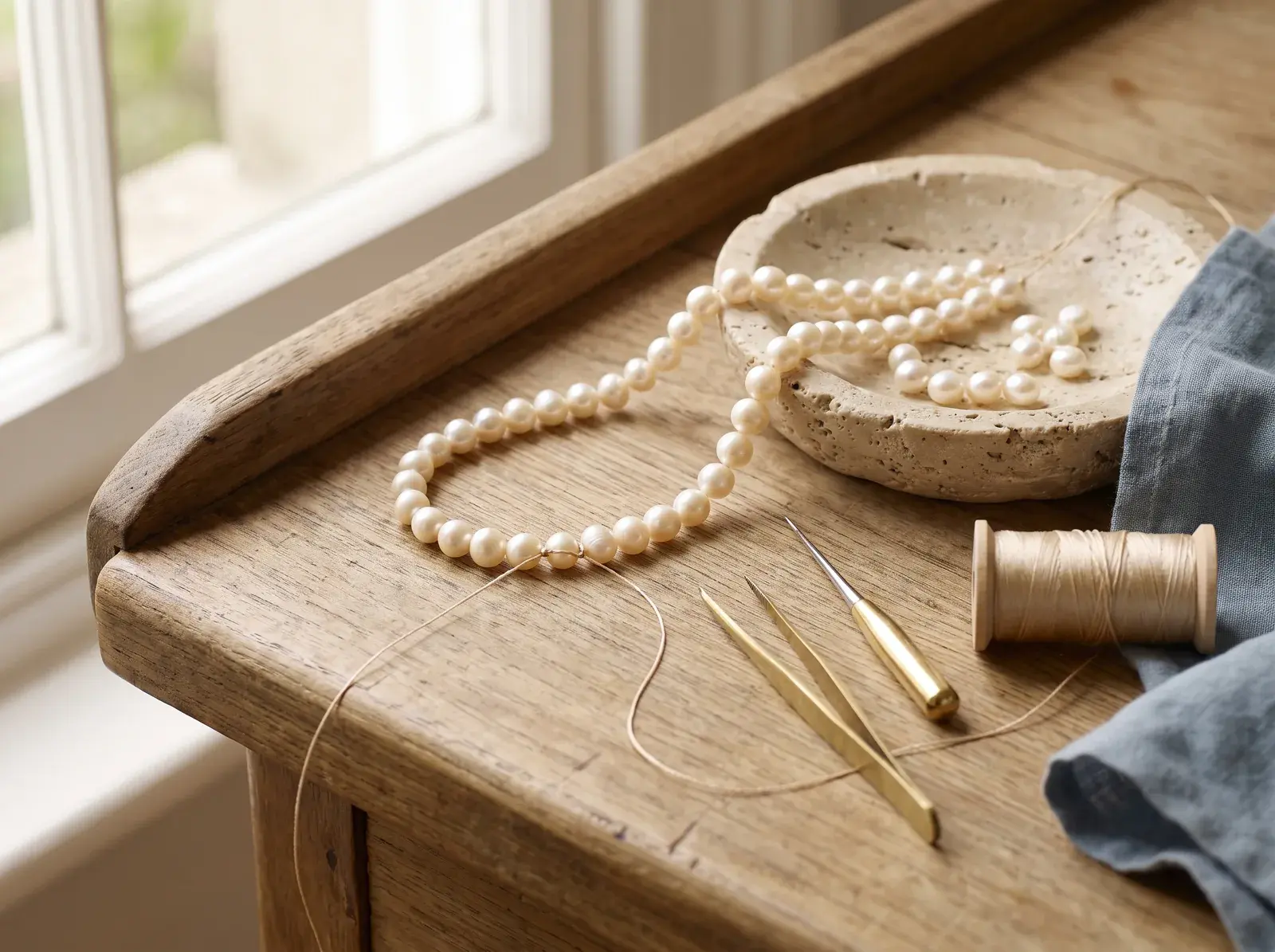 Pearls being knotted onto silk thread at a jeweller's bench