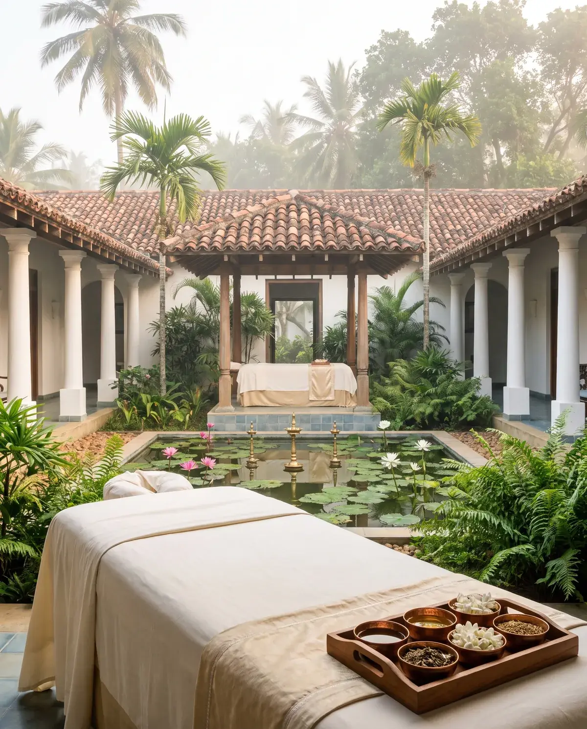 A Sri Lankan Ayurvedic sanctuary at dawn: a colonnaded courtyard, a lotus pond and brass oil lamps